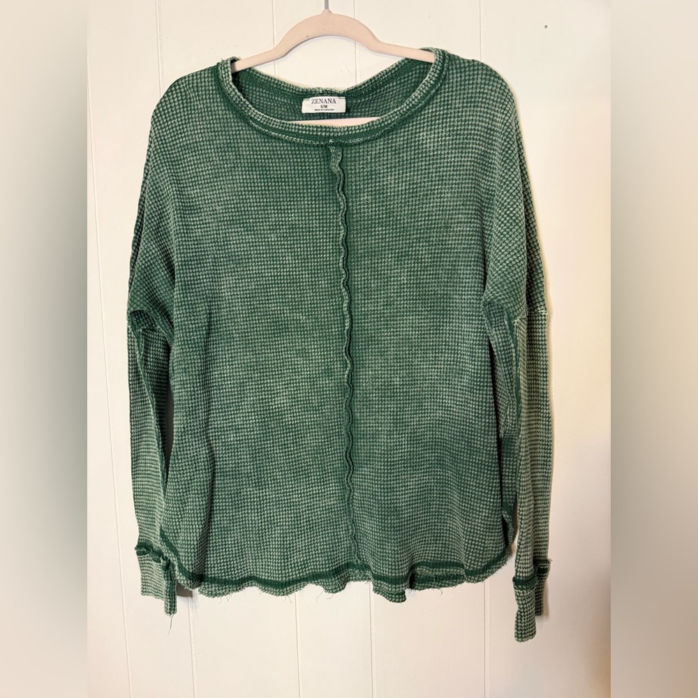 Zenana Waffle Knit Long Sleeve‎ Top Green Raw Hem Oversized S/M